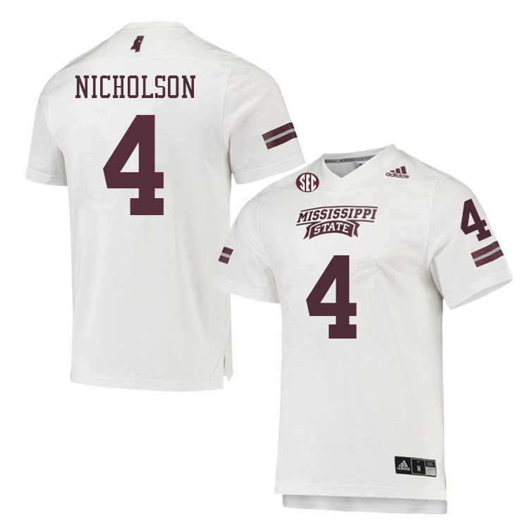 Men #4 DeCarlos Nicholson Mississippi State Bulldogs College Football Jerseys Sale-White - Click Image to Close